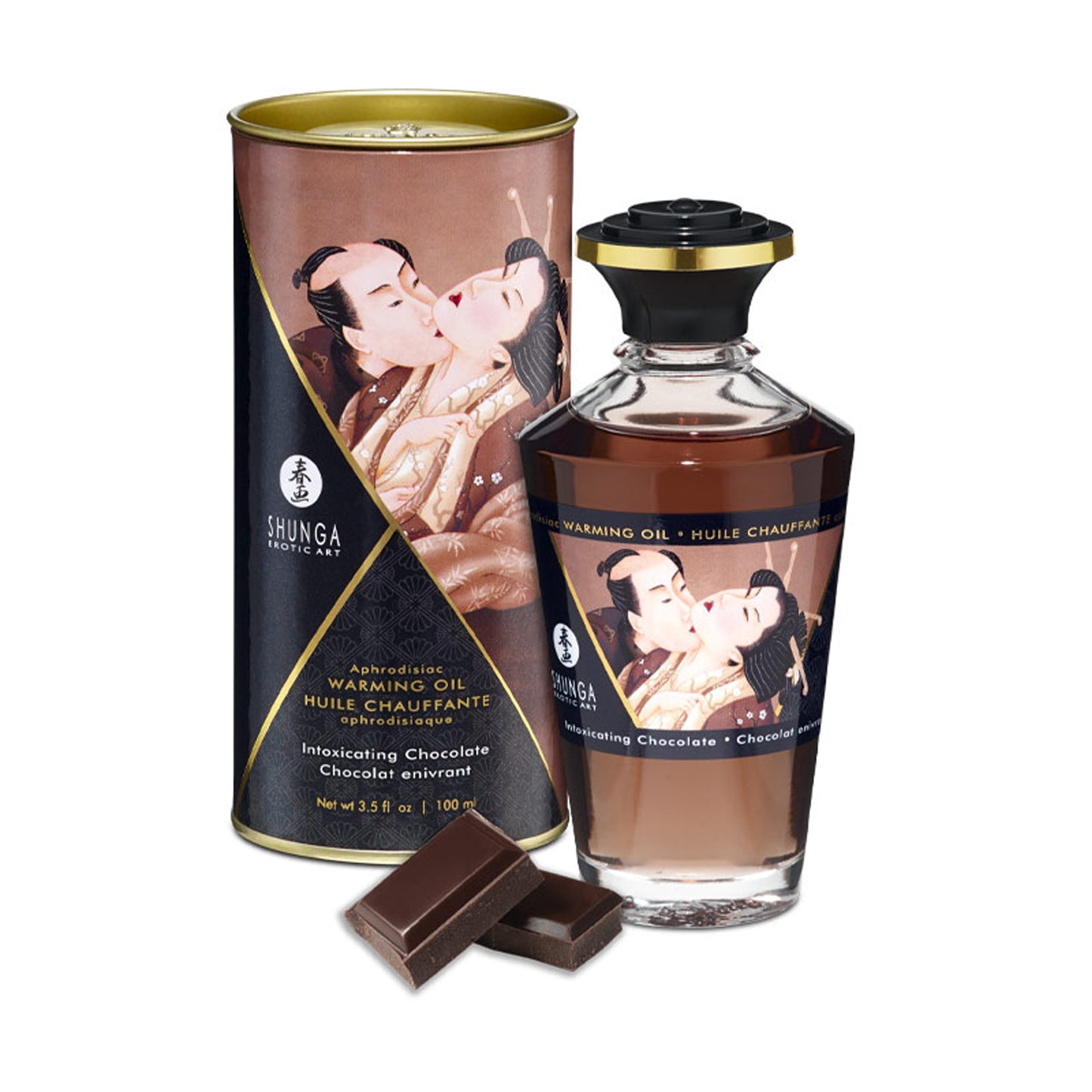 Shunga Intoxicating Chocolate Warming Oil 100ml bottle and decorative storage tin, featuring chocolate bars to illustrate the rich, edible flavor profile.
