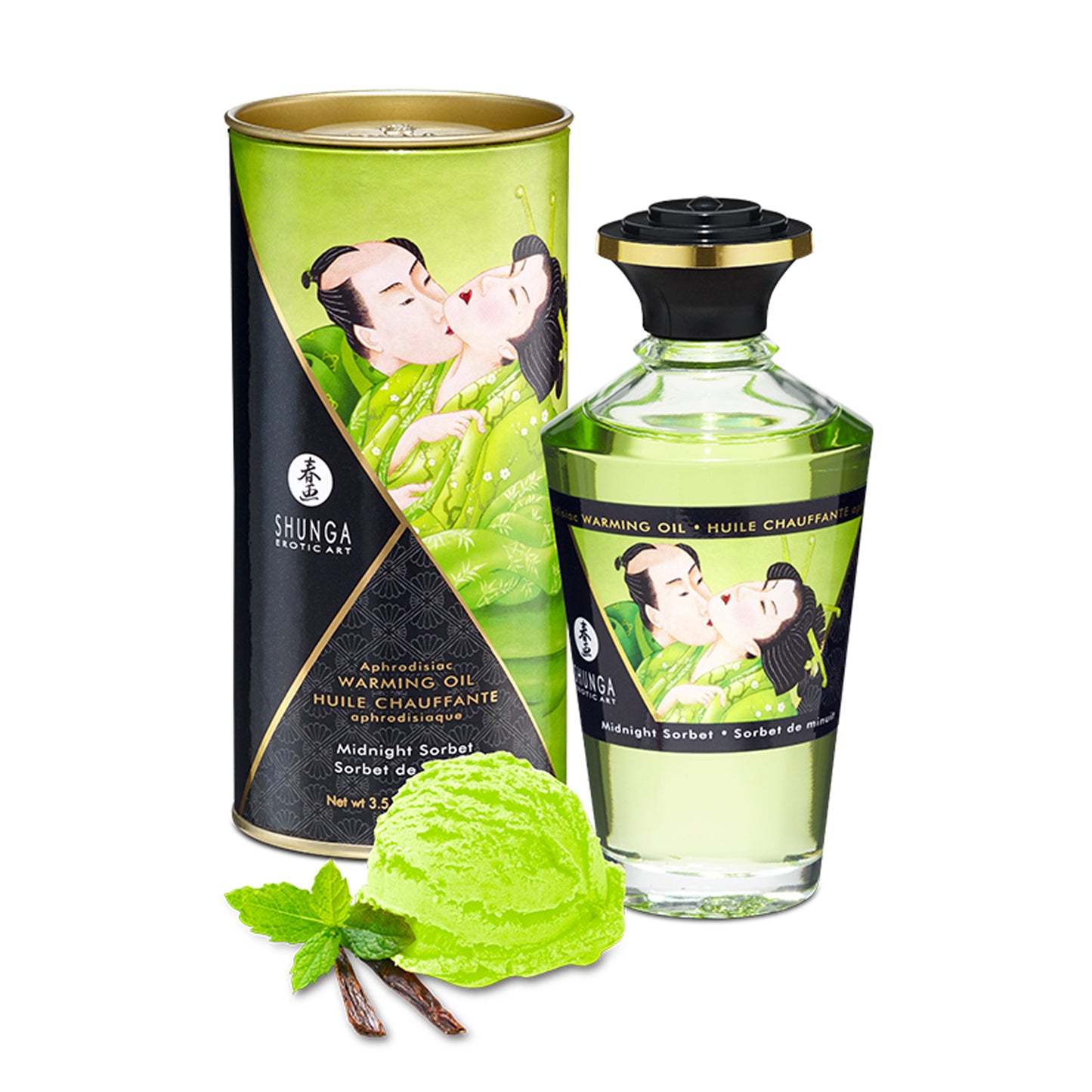 Shunga Midnight Sorbet Warming Oil bottle with a green-themed canister, shown with a scoop of mint sorbet and vanilla beans.