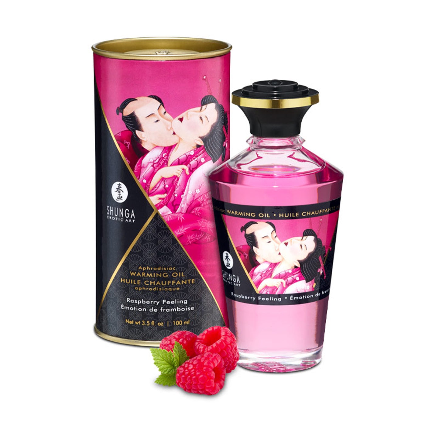 Shunga Raspberry Feeling Warming Oil bottle in a vibrant pink theme, pictured with fresh raspberries to highlight the fruity scent.