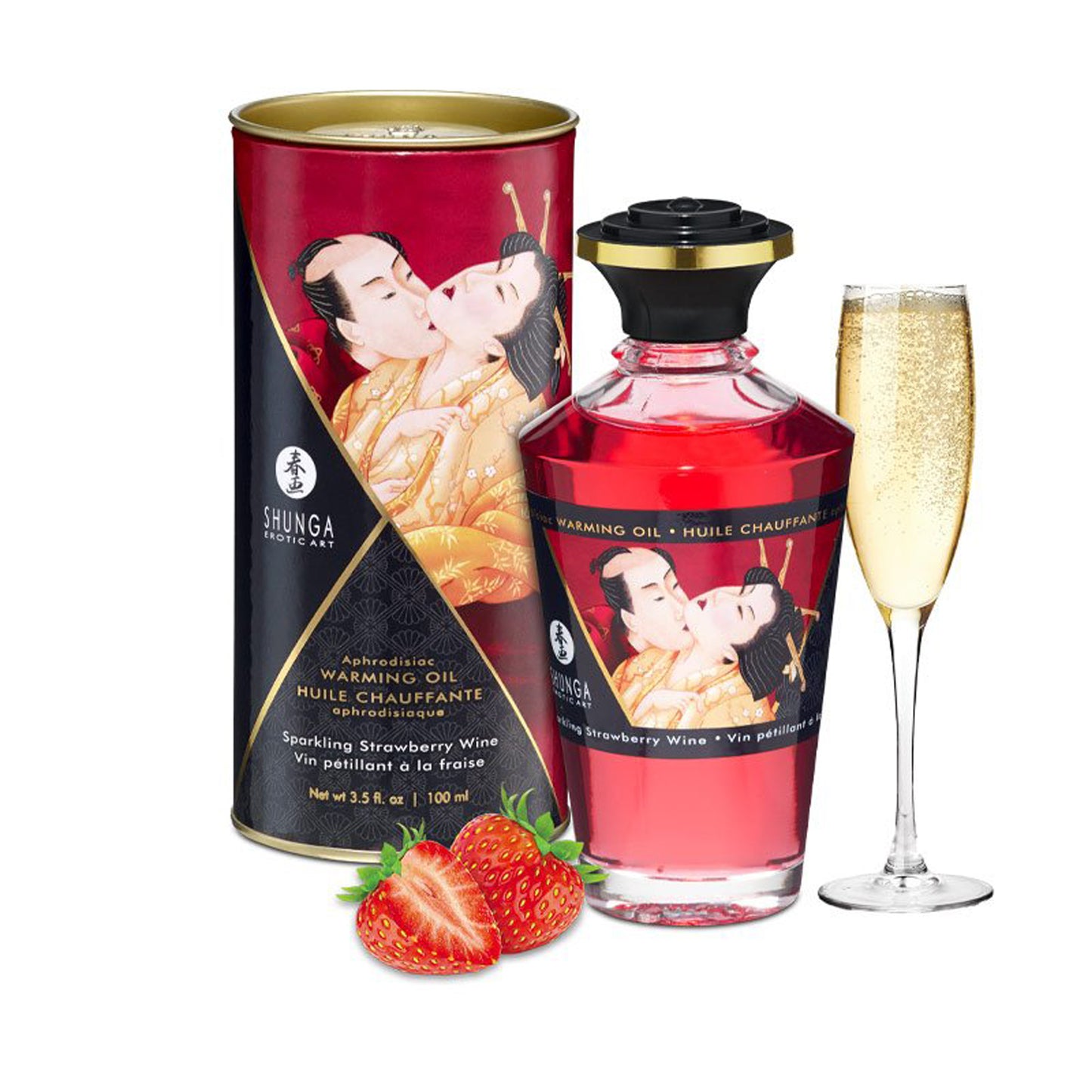 Shunga Sparkling Strawberry Wine Warming Oil bottle beside a glass of champagne and fresh strawberries, emphasizing a luxury aesthetic.