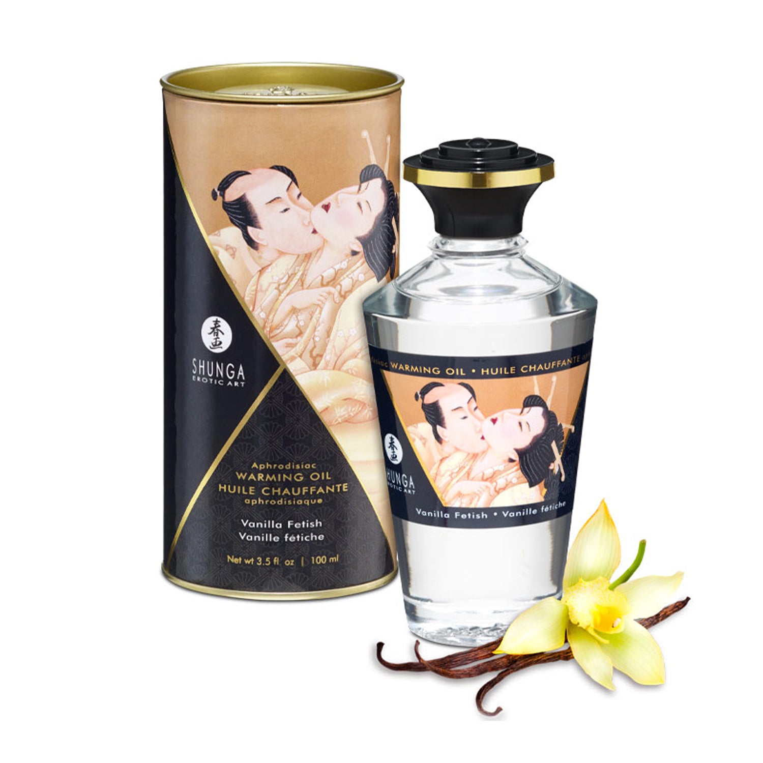 Shunga Vanilla Fetish Warming Oil bottle in a soft gold theme, displayed with fresh vanilla orchids and pods.