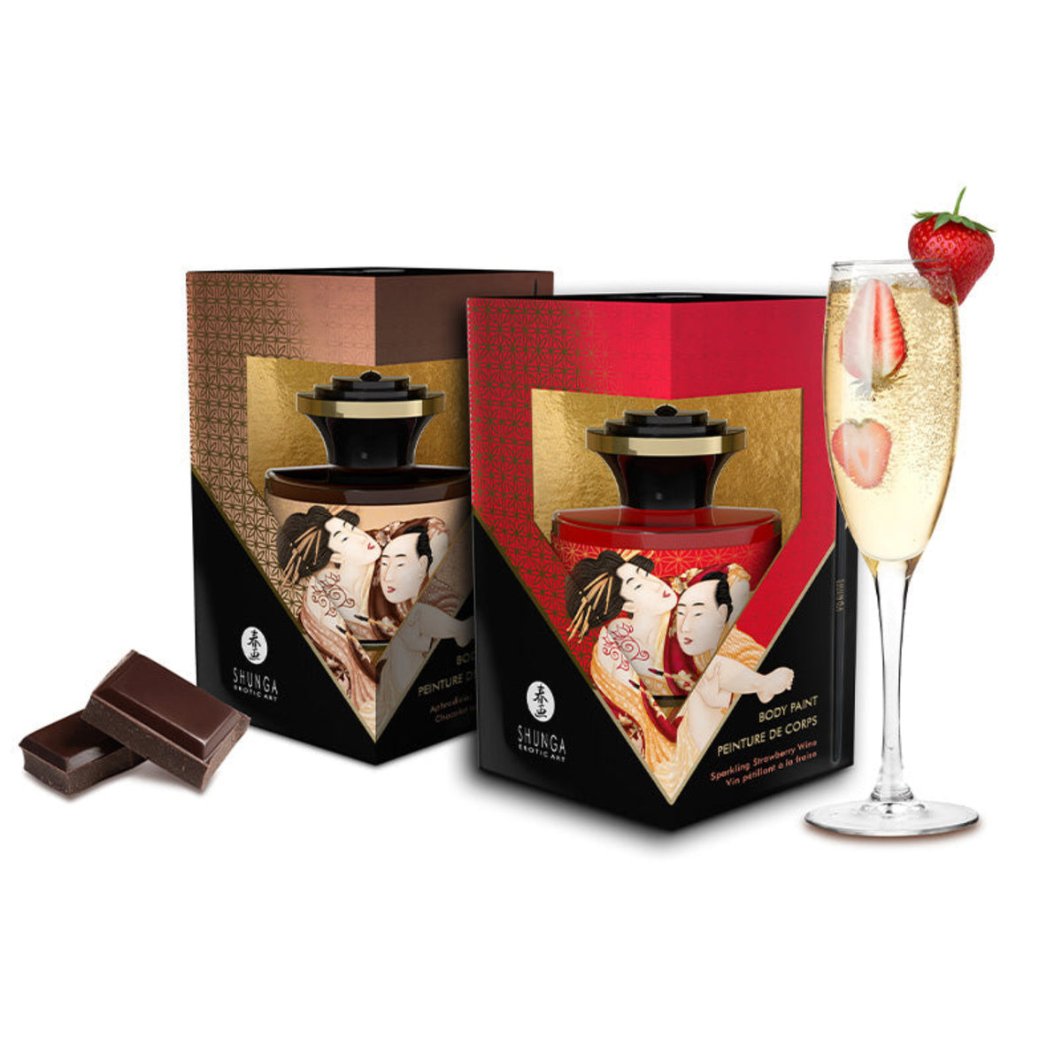 Shunga edible body paint collection featuring Aphrodisiac Chocolate and Sparkling Strawberry Wine boxed sets with chocolate pieces and sparkling wine glass.
