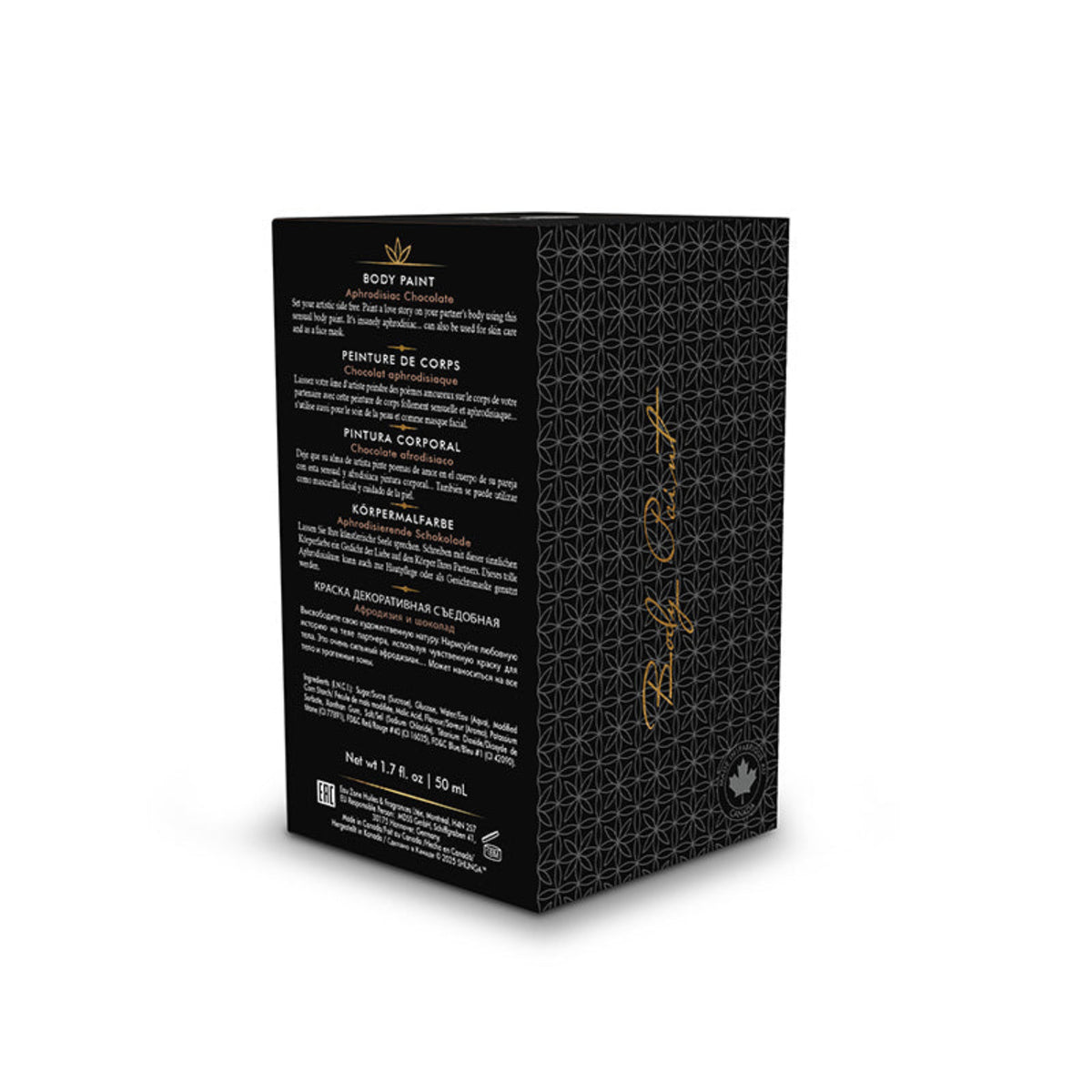 Back panel of Shunga Aphrodisiac Chocolate body paint box displaying multilingual instructions, Canadian manufacturing details, and ingredients list.