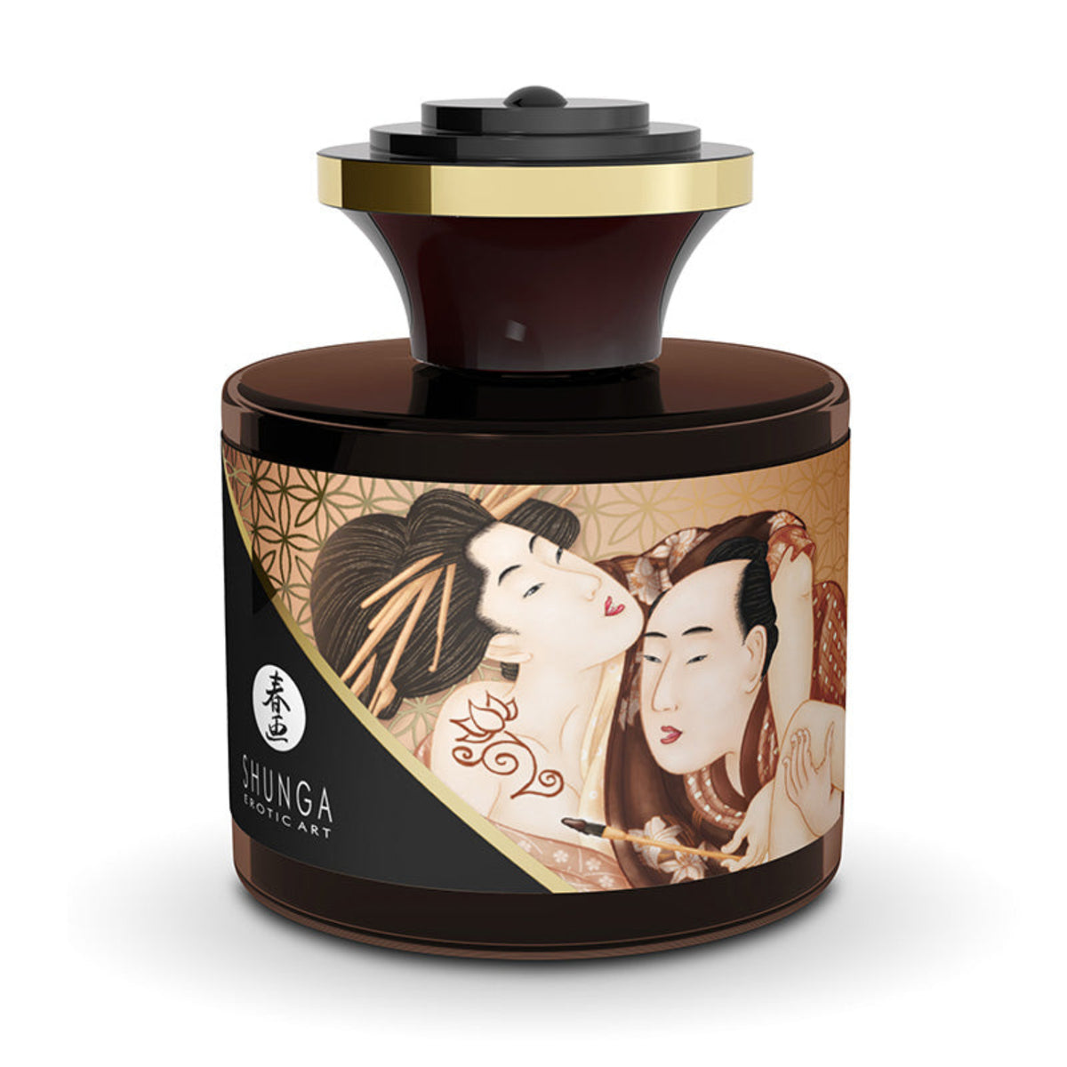 Front view of Shunga Aphrodisiac Chocolate 50 ml / 1.7 oz jar showcasing classic Japanese erotic art label and black stopper lid.