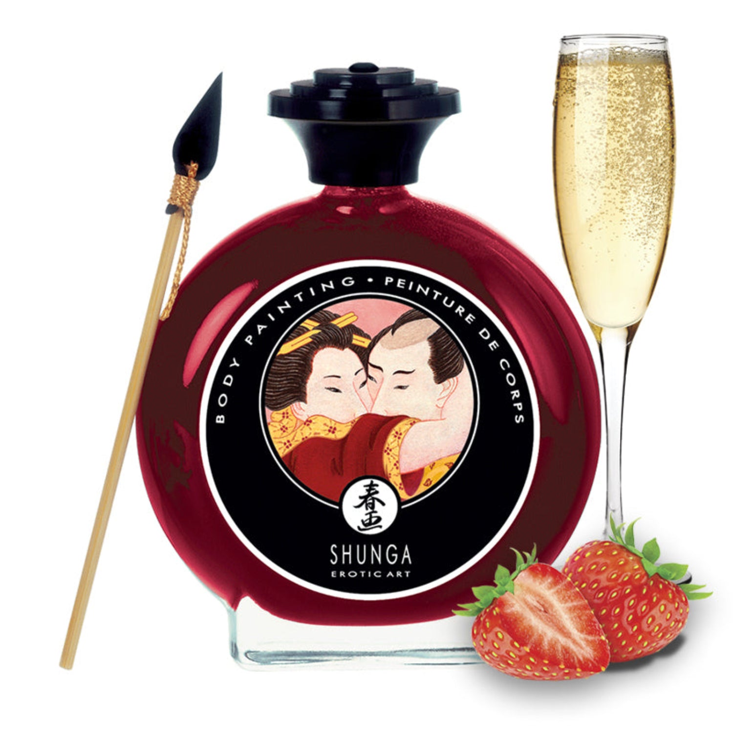 hunga Sparkling Strawberry Wine flavoured body paint bottle with a traditional brush, a glass of bubbly champagne, and fresh strawberries on a white background.