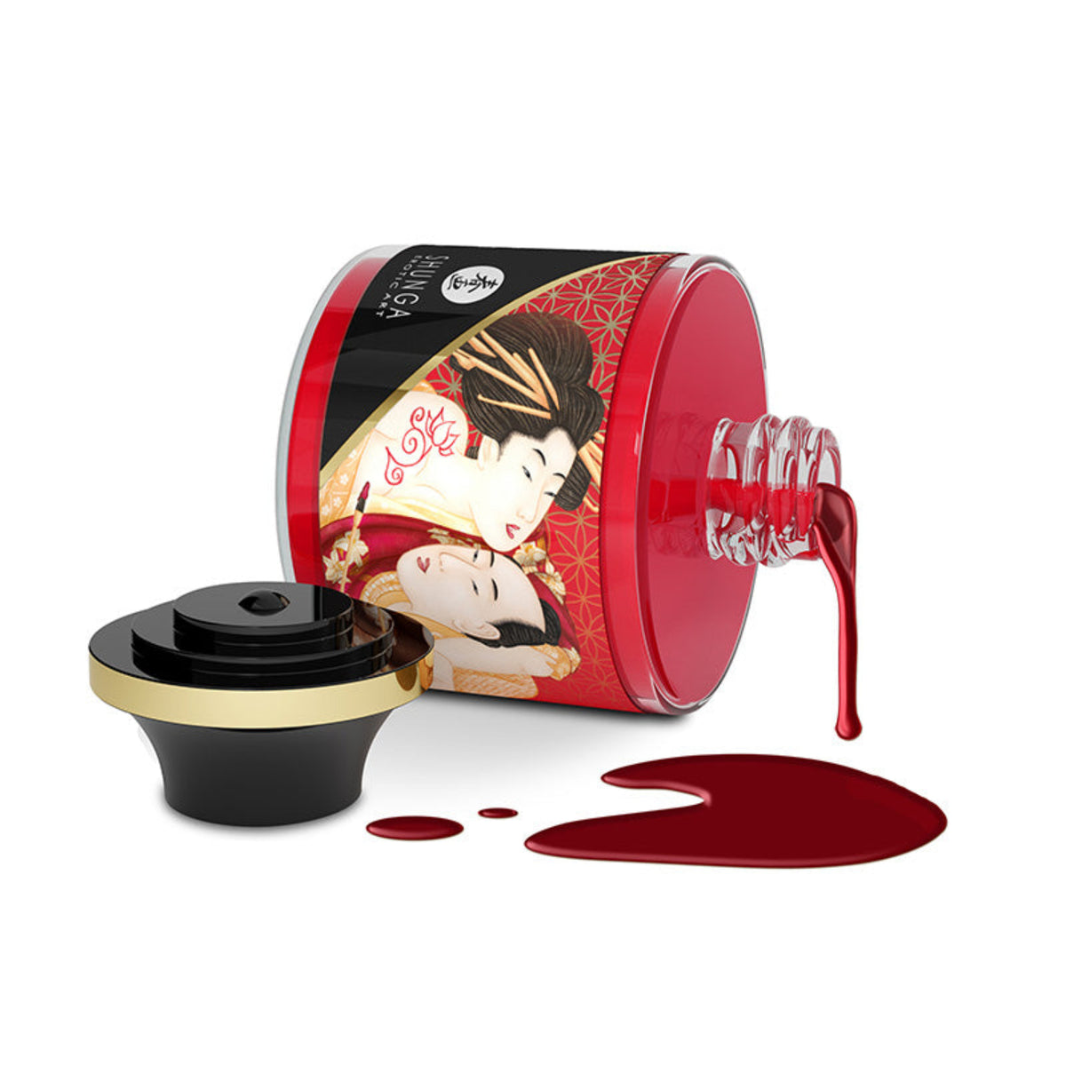Shunga Sparkling Strawberry Wine edible body paint jar tipped over with glossy red syrup spilling alongside black and gold decorative cap.