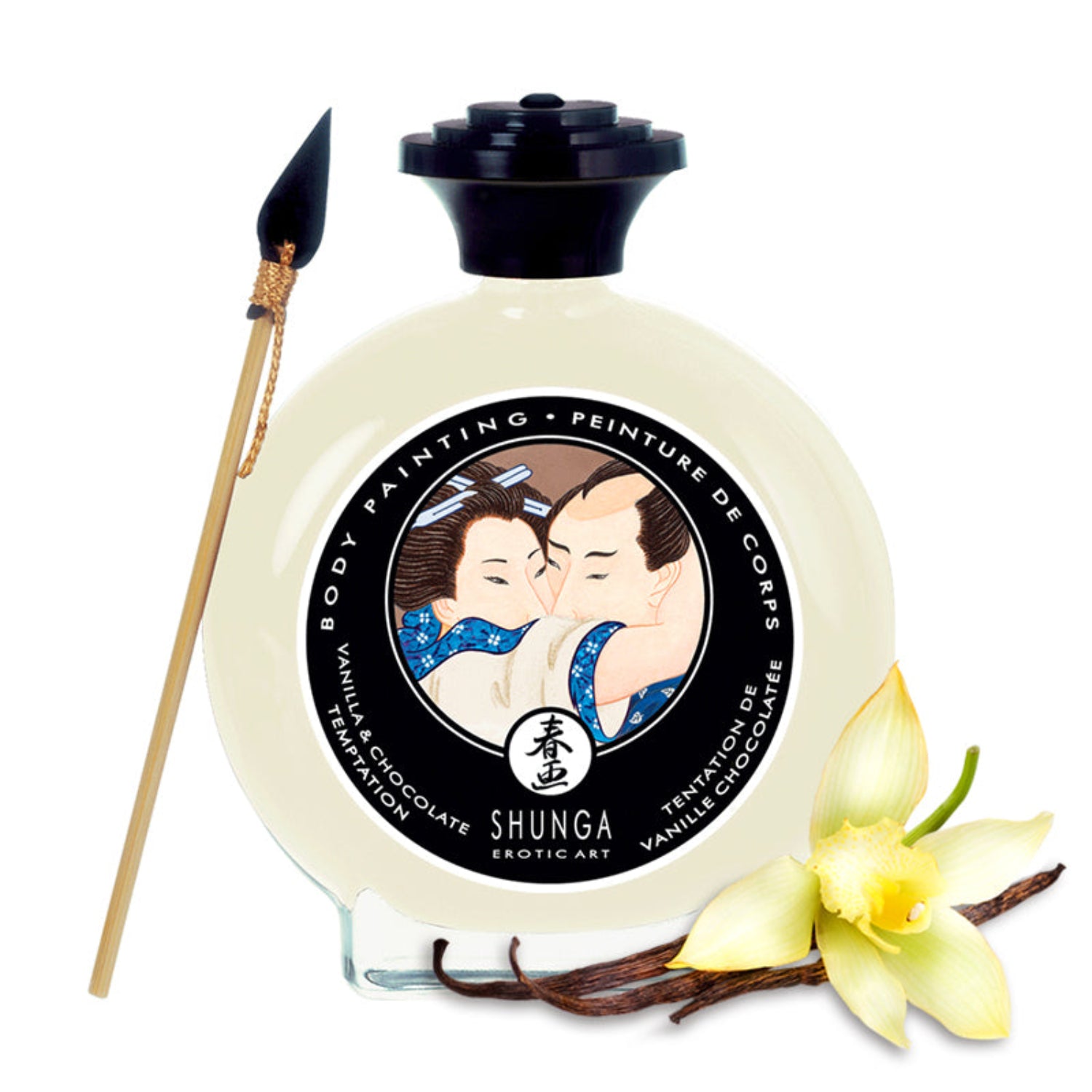 Shunga Vanilla & Chocolate Temptation edible body paint in a white-toned glass bottle featuring a Japanese couple, accompanied by an application brush and vanilla orchid flowers.