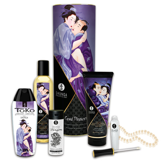 The complete SHUNGA Carnal Pleasures Ultimate Pleasure Collection featuring five full-size products and a pearl necklace in a luxury canister.