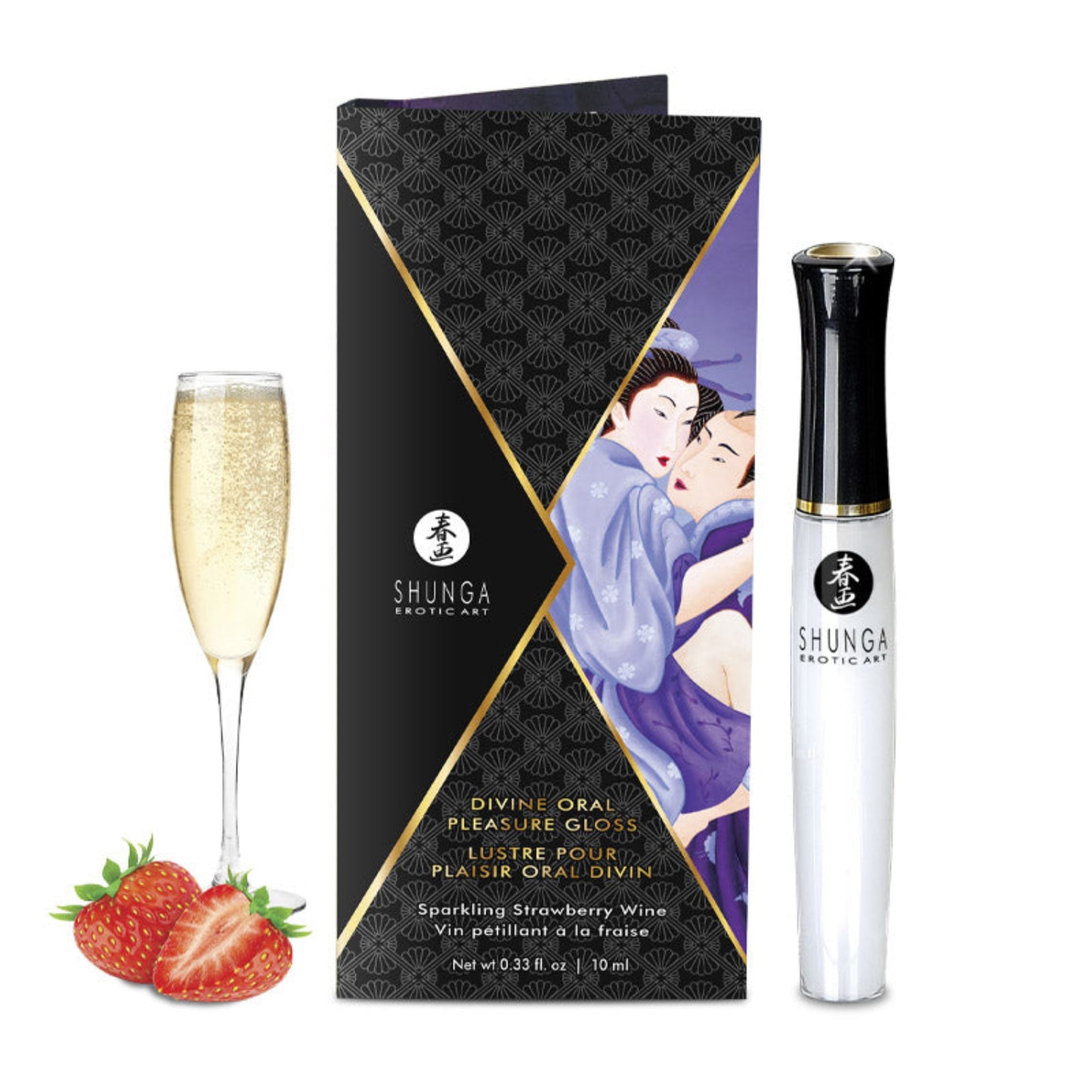 SHUNGA Divine Oral Pleasure Gloss in Sparkling Strawberry Wine flavour, shown with a glass of champagne and fresh strawberries.