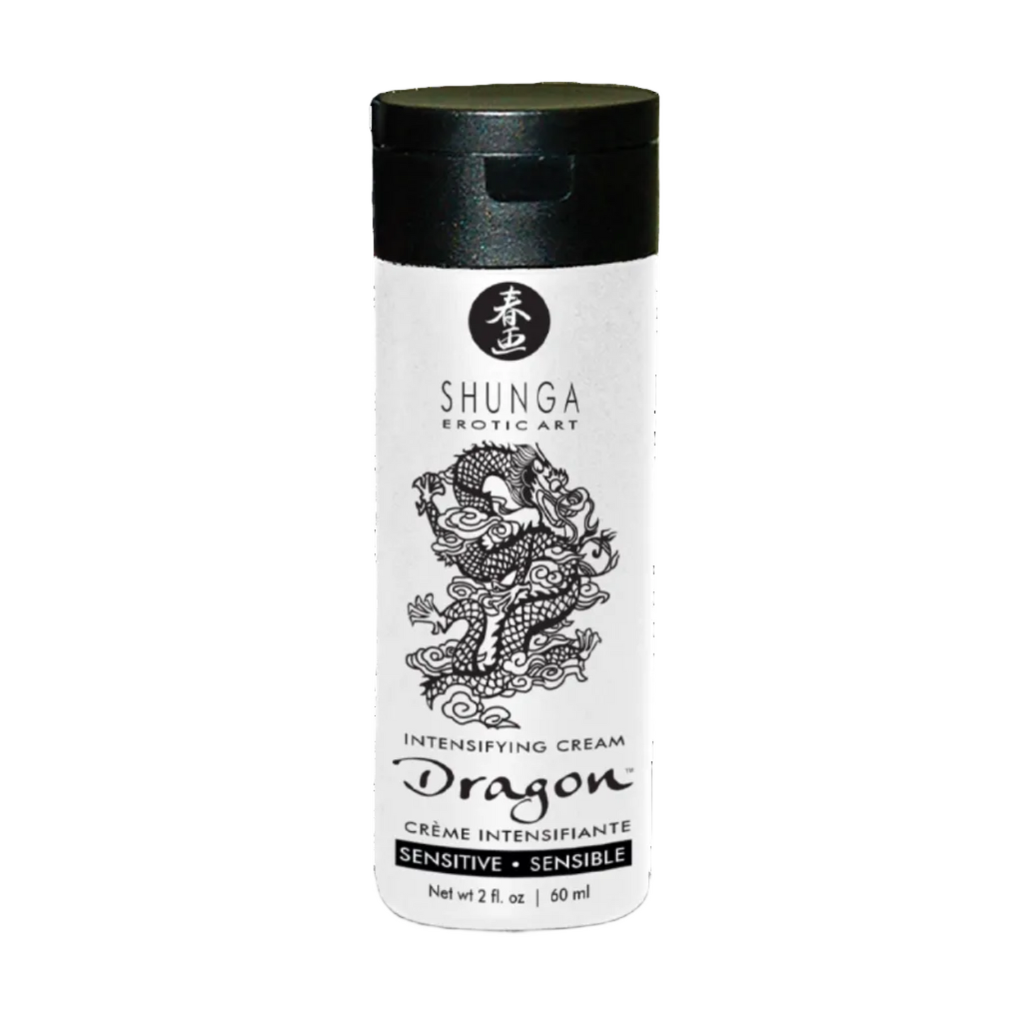 A 60 ml / 2 oz bottle of SHUNGA DRAGON Sensitive Intensifying Cream featuring a traditional black dragon illustration on white packaging.