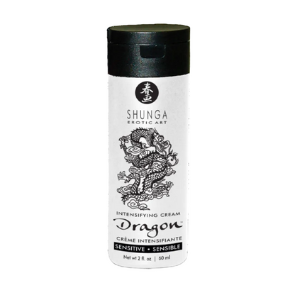 A 60 ml / 2 oz bottle of SHUNGA DRAGON Sensitive Intensifying Cream featuring a traditional black dragon illustration on white packaging.