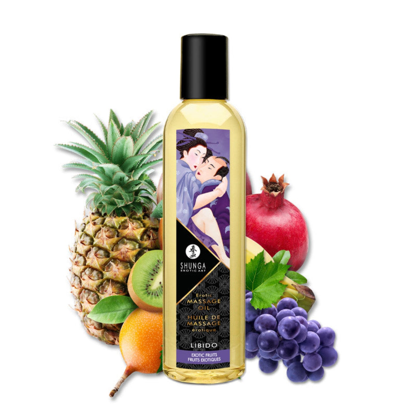 SHUNGA Erotic Massage Oil in Exotic Fruits scent, displayed with a background of pineapple, grapes, and pomegranate.