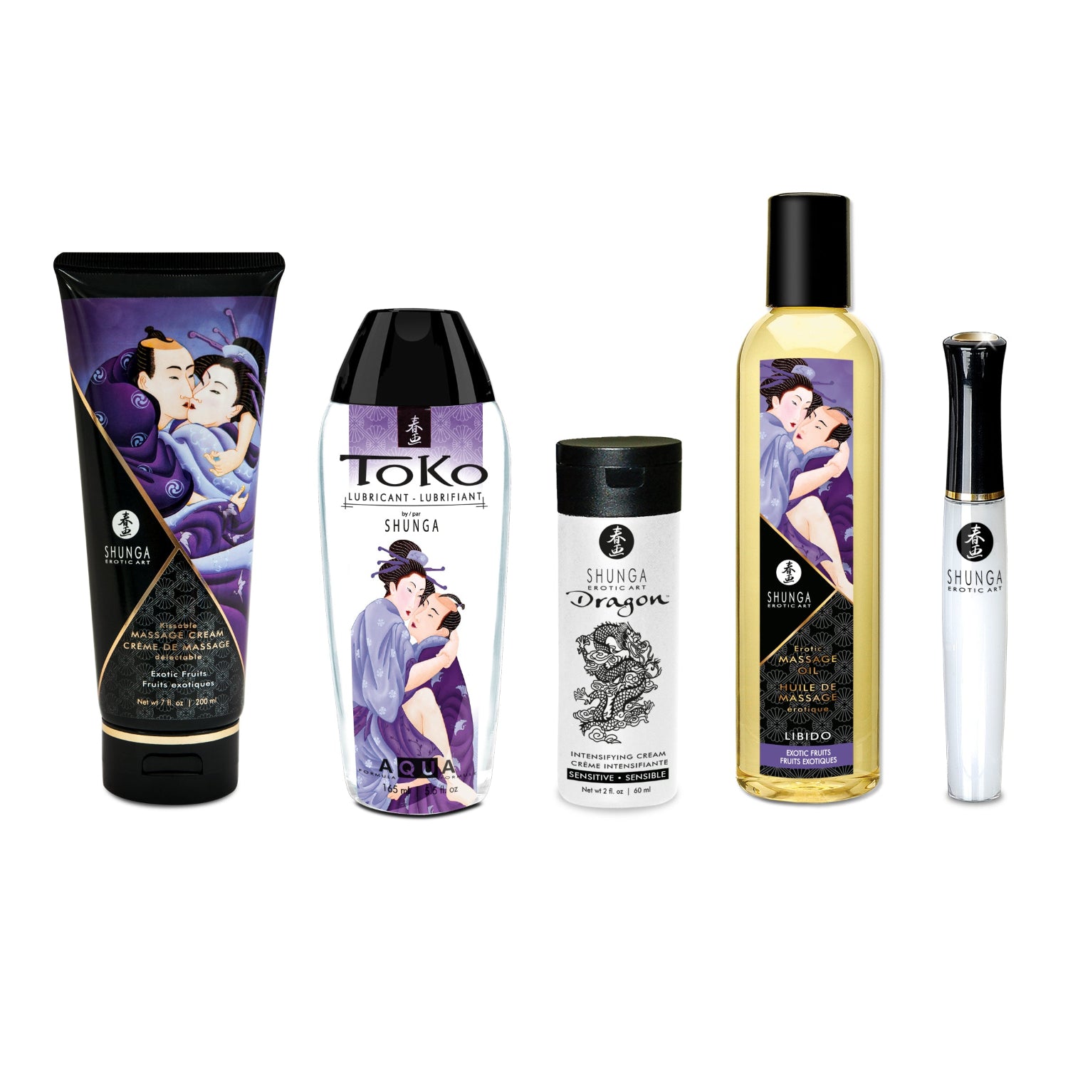 A product lineup showing SHUNGA Kissable Massage Cream, TOKO Aqua Lubricant, Dragon Cream, Massage Oil, and Oral Gloss.