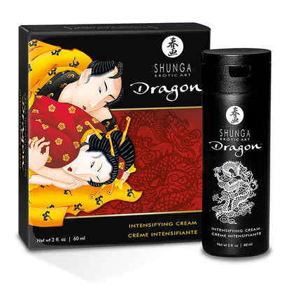 Shunga Dragon natural male enhancement cream box packaging featuring traditional Japanese erotic art on the packaging and 2 fl oz bottle standing beside.