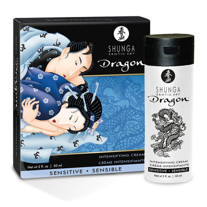Shunga Dragon Sensitive Intensifying Cream 60ml/2oz bottle with Japanese erotic art packaging featuring a couple and a dragon illustration.