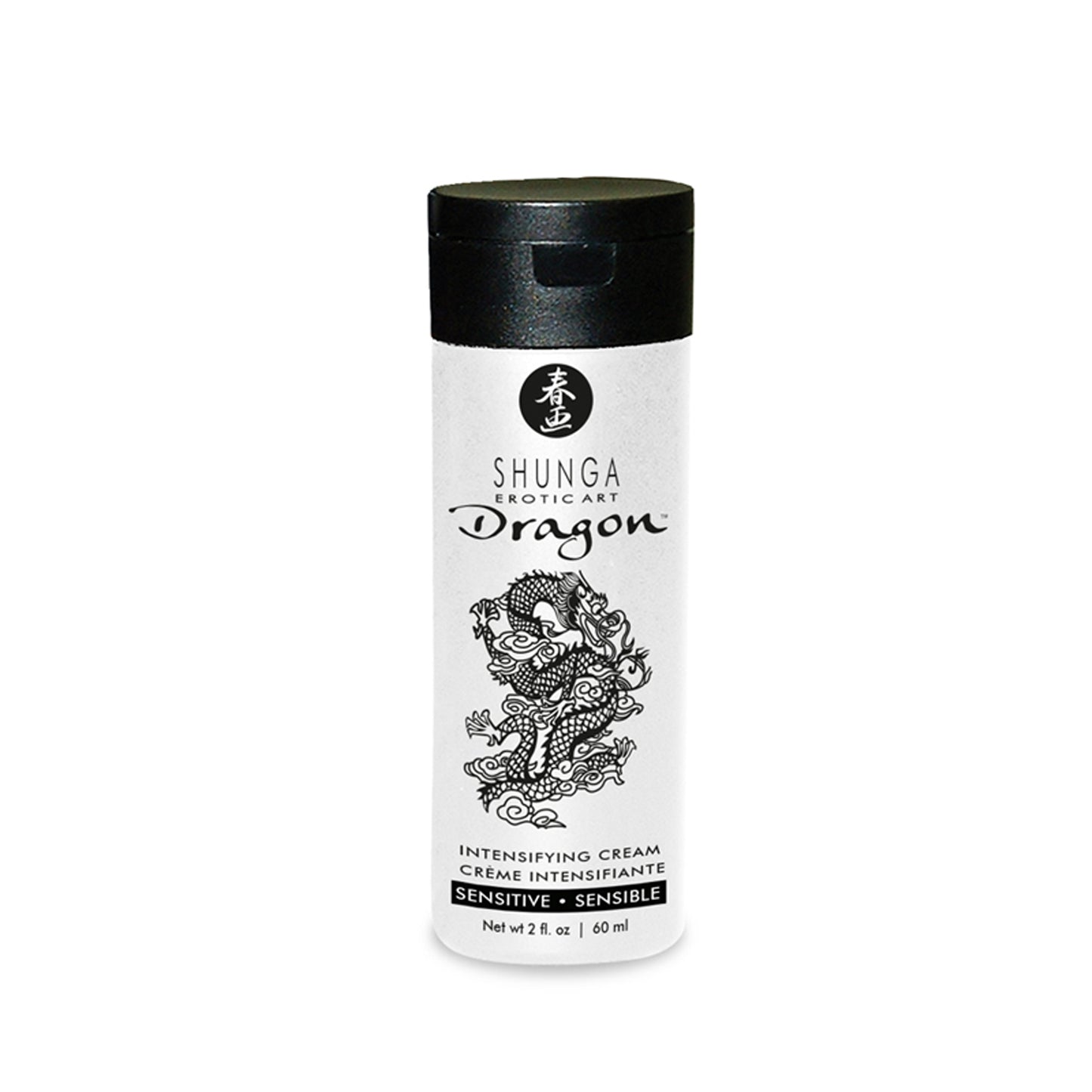 60 ml/2 oz bottle of Shunga Dragon Sensitive Cream for couples showing the white bottle and black flip-cap.