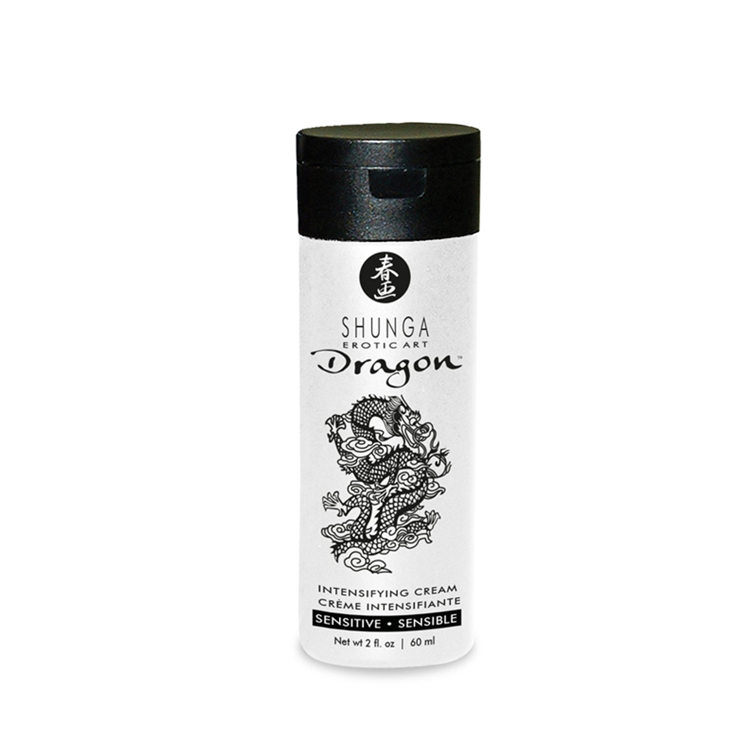 60 ml/2 oz bottle of Shunga Dragon Sensitive Cream for couples showing the white bottle and black flip-cap.
