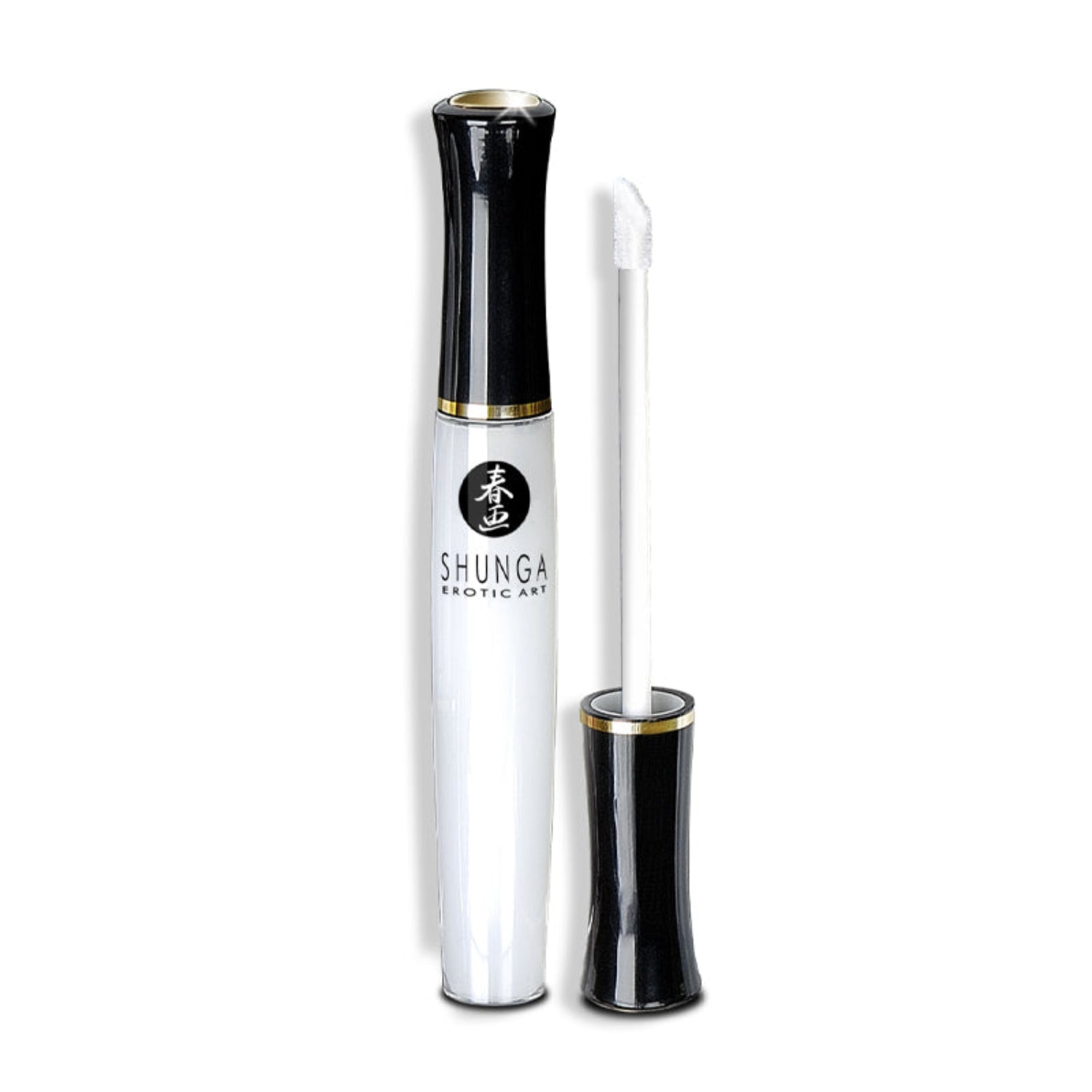 A sleek, high-end SHUNGA Divine Oral Pleasure Gloss applicator in black and gold, featuring a soft-tip wand for precise application of the shimmering white gloss.