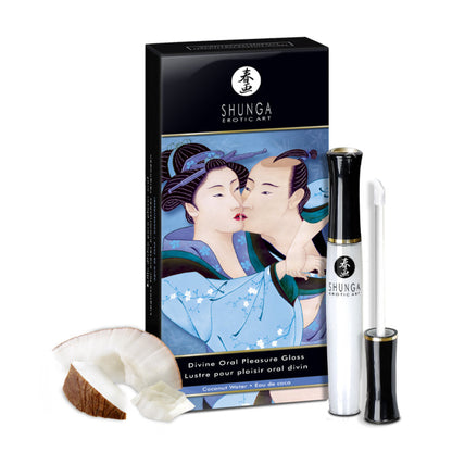 SHUNGA Divine Oral Pleasure Gloss in Coconut Water flavour, showcasing elegant Japanese erotic art packaging alongside fresh coconut slices for a tropical sensory experience.