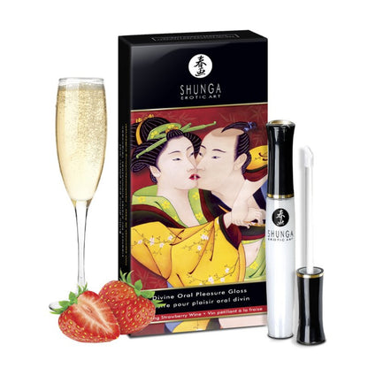 SHUNGA Divine Oral Pleasure Gloss in Sparkling Strawberry Wine flavour, presented with luxury branding, fresh strawberries, and a champagne flute to highlight its decadent profile.