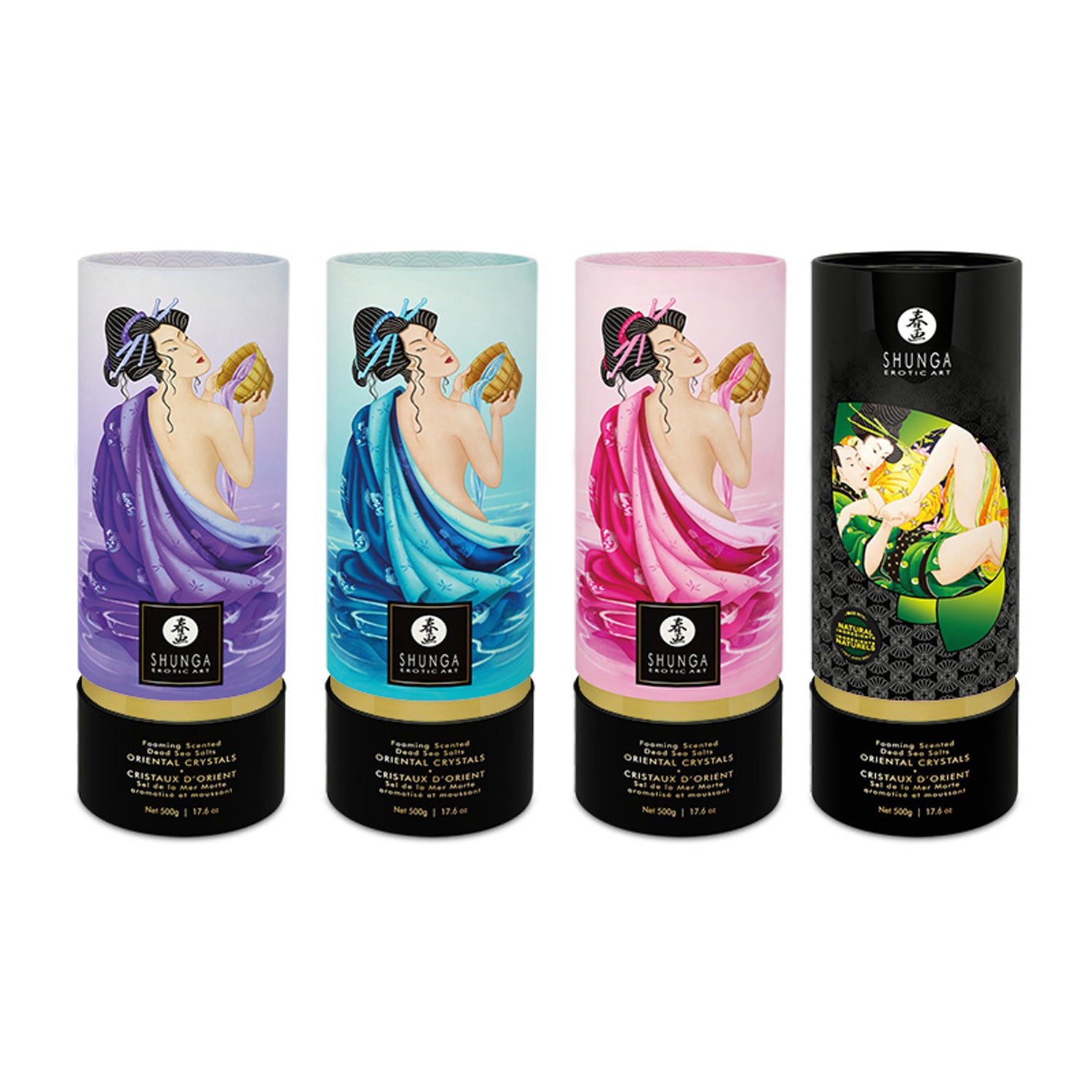 Four canisters of SHUNGA Oriental Crystals Foaming Dead Sea Salts in Purple, Blue, Pink, and Black, featuring traditional Japanese erotic art.