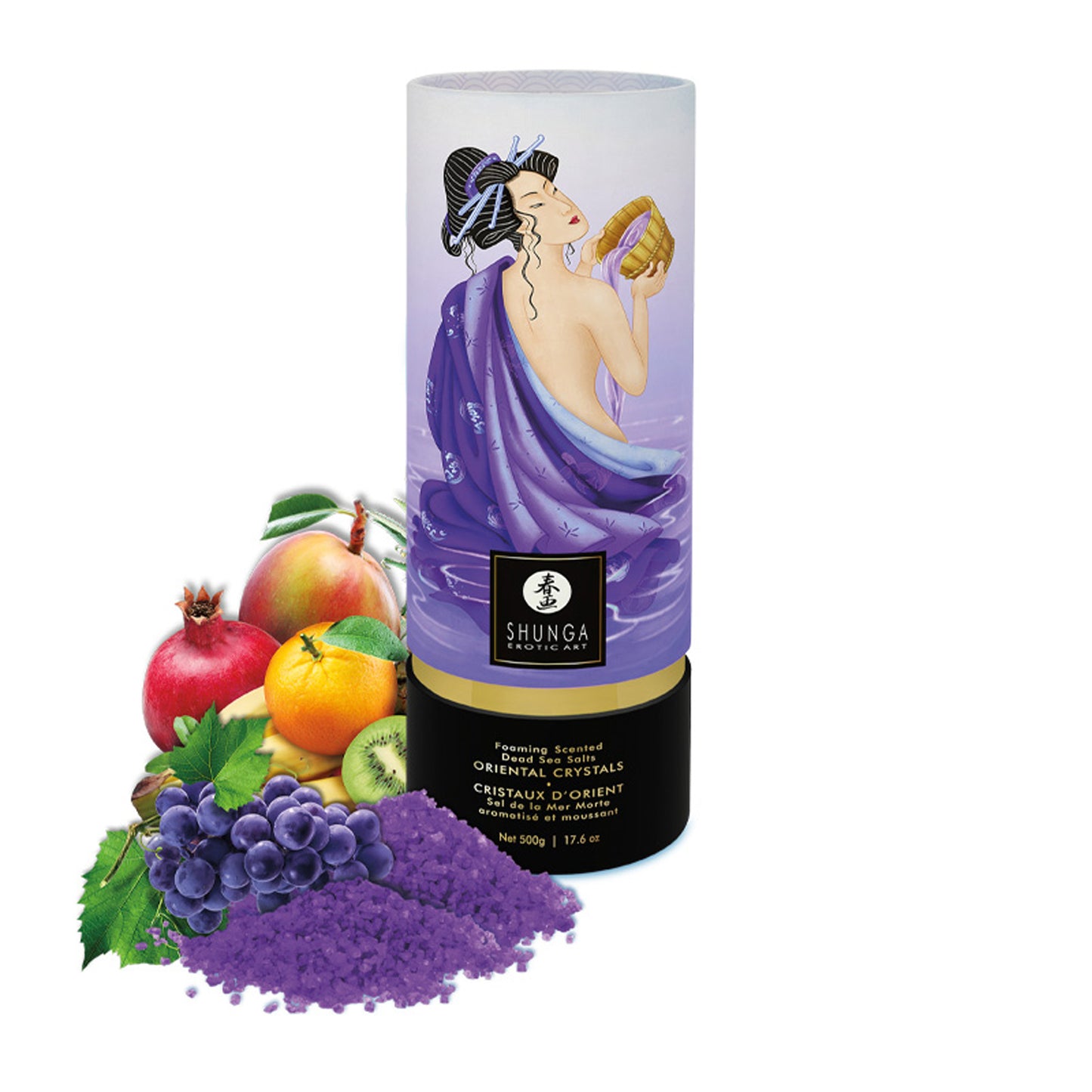 SHUNGA Exotic Fruits purple bath salt canister standing next to a pile of purple crystals and a graphic of grapes, pomegranate, and kiwi.