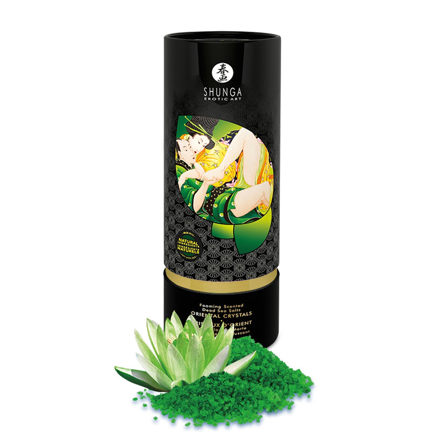 SHUNGA Lotus Flower green bath salt canister in a black decorative sleeve, shown with green crystals and a white lotus flower.