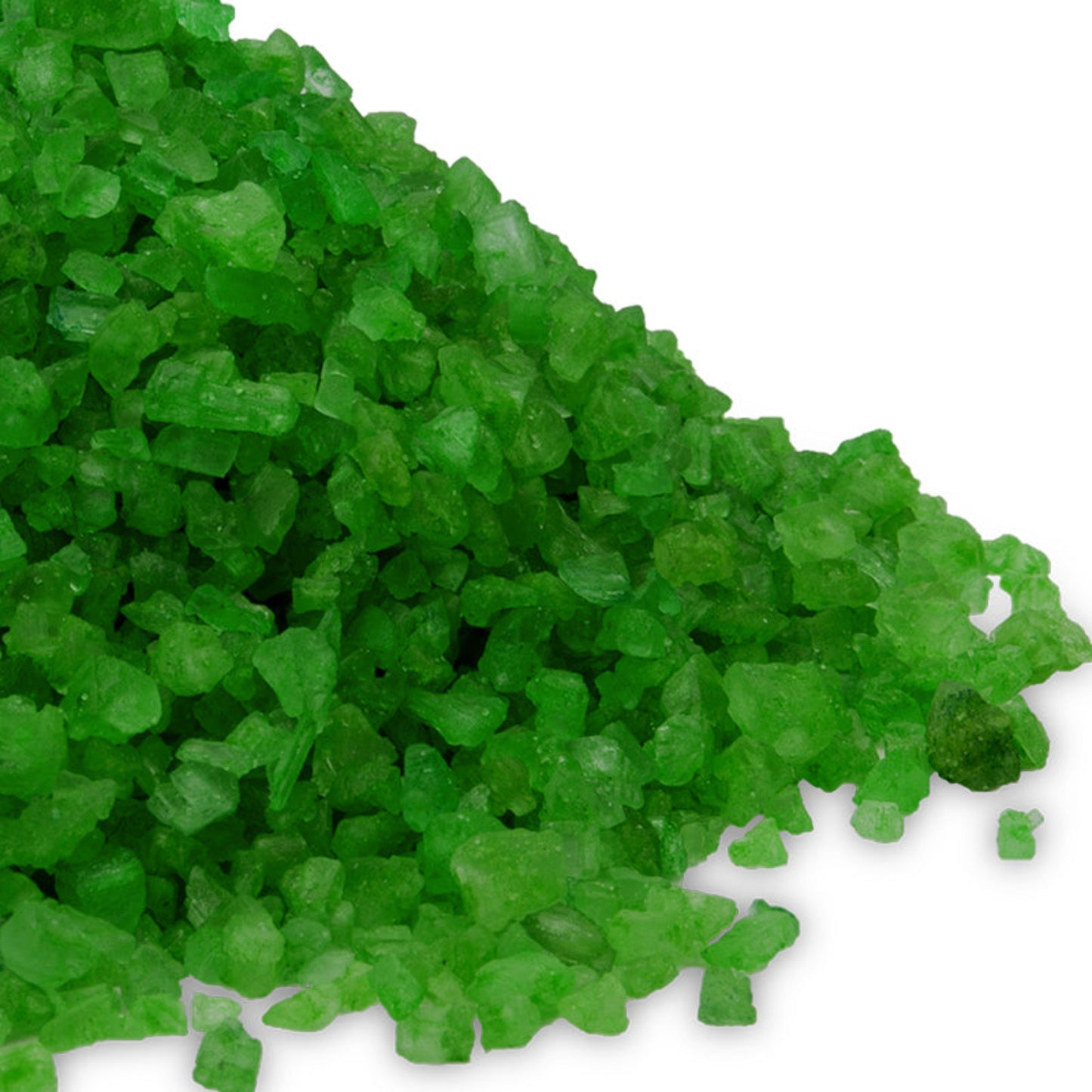 A detailed close-up of bright green "Lotus Flower" scented Dead Sea salt crystals.