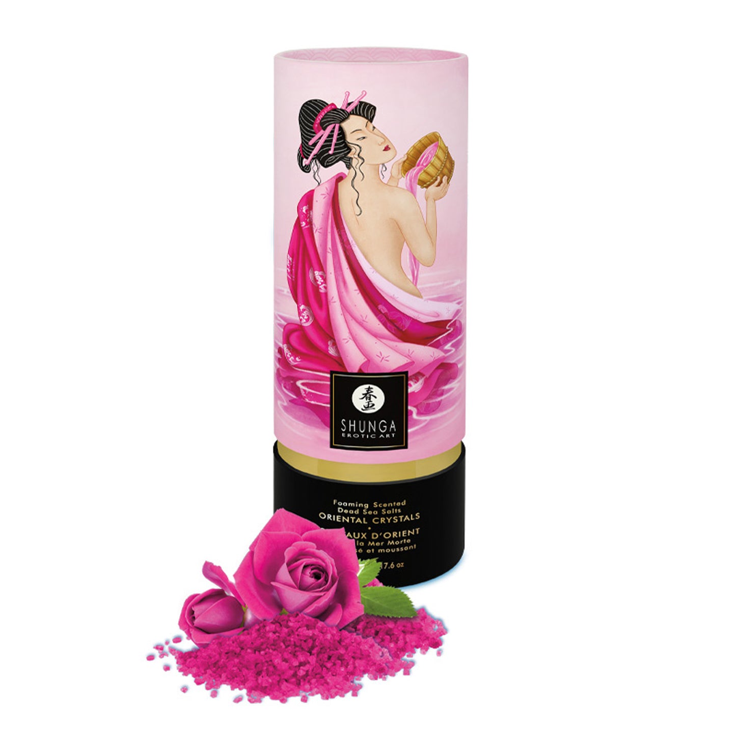 SHUNGA Rose Petal pink bath salt canister standing with a pile of pink crystals and two pink rose blossoms.