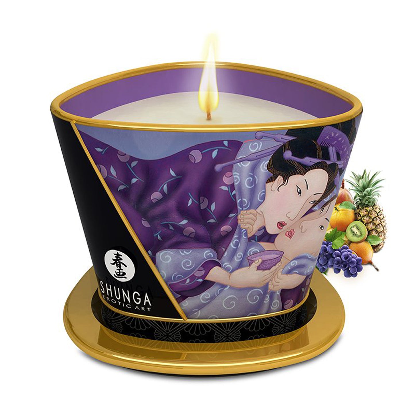 SHUNGA 170ml luxury massage candle in a decorative pour-spout jar, Exotic Fruits scent, featuring gold-rimmed Japanese artwork and fresh fruit illustrations.