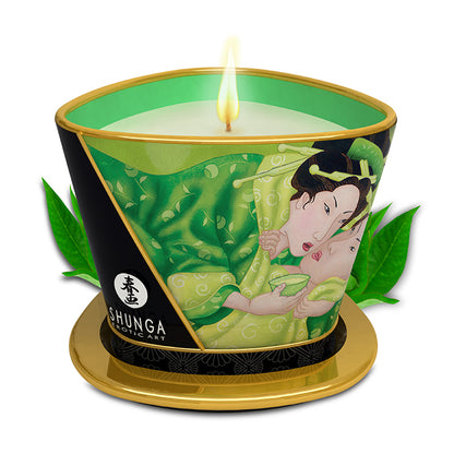 SHUNGA 170ml large massage candle in a gold-accented jar with Exotic Green Tea fragrance and calming botanical tea leaf visuals.