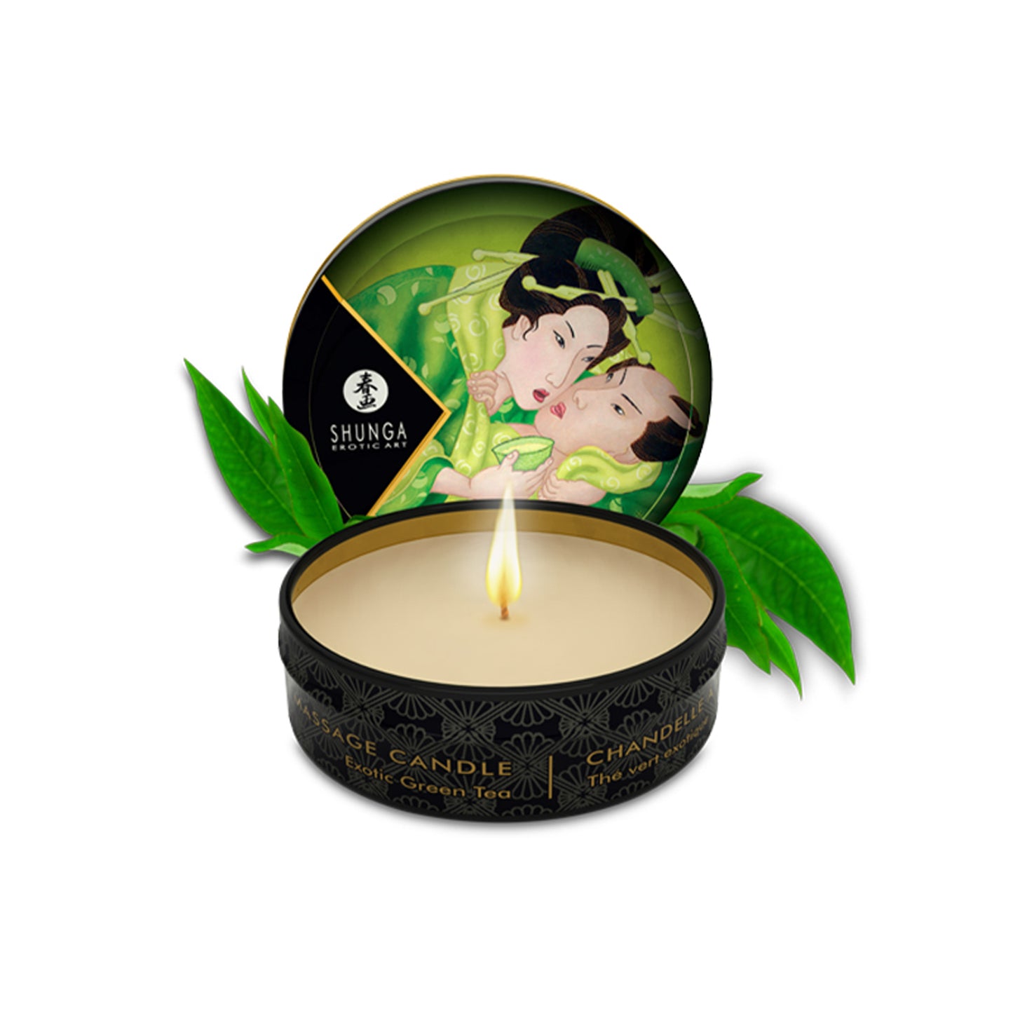 SHUNGA 30ml Exotic Green Tea massage candle in a compact black tin with green-themed Japanese art and fresh tea leaves on a white background.