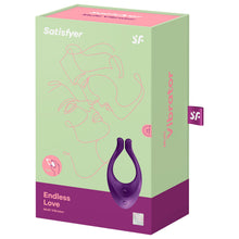 Load image into Gallery viewer, On the front of the packaging are the Satisfyer logos, on the left is an icon with a hand holding the product with 14+, below is the product name Endless Love Multi Vibrator, on the right side is the product, with visible control buttons, and a 15 year guarantee mark in the bottom right corner. On the right side of the package is written Multi Vibrator, with a tag sticking out from the back with the SF logo.