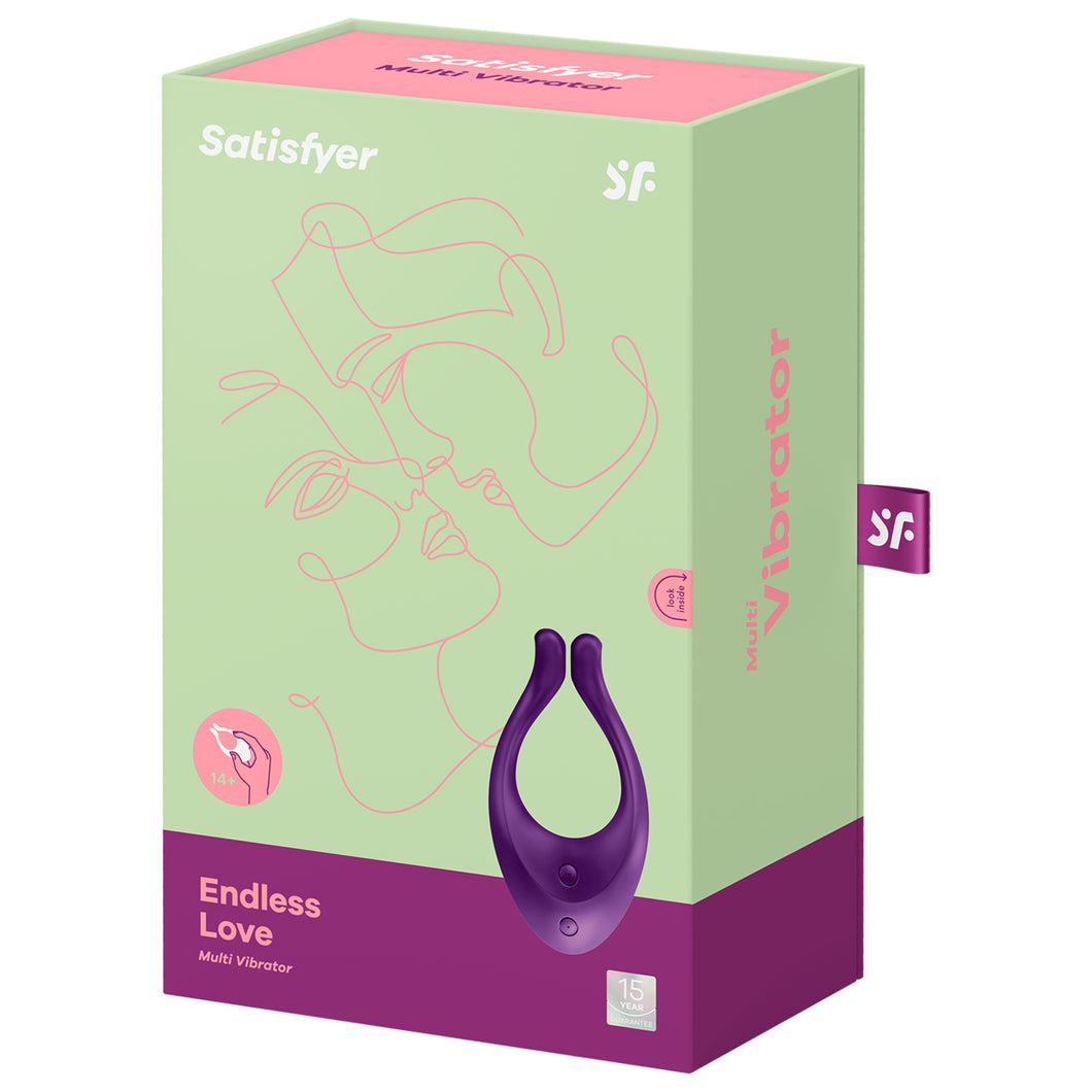 On the front of the packaging are the Satisfyer logos, on the left is an icon with a hand holding the product with 14+, below is the product name Endless Love Multi Vibrator, on the right side is the product, with visible control buttons, and a 15 year guarantee mark in the bottom right corner. On the right side of the package is written Multi Vibrator, with a tag sticking out from the back with the SF logo.