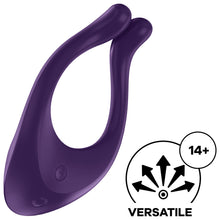 Load image into Gallery viewer, Top view of the Satisfyer Endless Love Multi-Vibrator with 2 control buttons visible on the front of the product. In the right hand corner is an icon for Versatile and 14+.