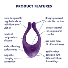 Load image into Gallery viewer, Satisfyer Endless Love Multi-Vibrator features: 3 high-powered controlled motors (pointing to back and front); gender-neutral for singles and couples; use more than 15 different ways; easily switch between 100 different vibration settings (pointing to controls); magnetic charging connection (pointing underneath); wide, vibrating surface area (pointing to front); made of body safe silicone (pointing to material); arms are designed to hug the body for individual stimulation (pointing to back side).