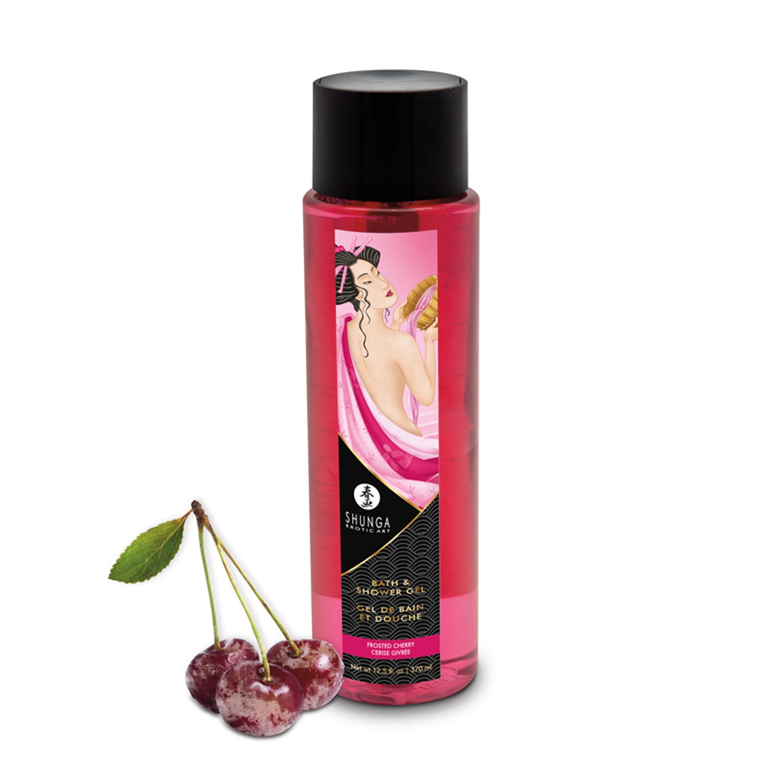 A 370 ml 12.5 oz bottle of SHUNGA Frosted Cherry Bath and Shower Gel displaying the pink liquid and erotic Japanese geisha artwork, accompanied by three ripe cherries.