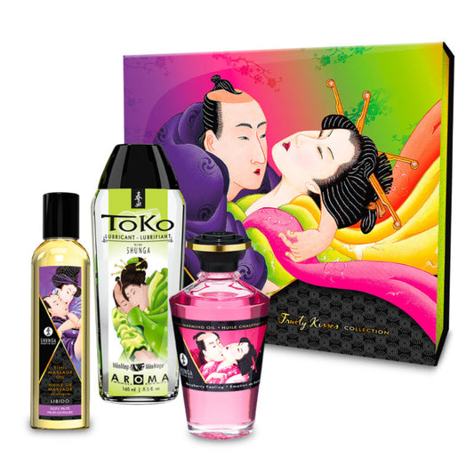 The SHUNGA Fruity Kisses Collection gift set box featuring traditional Japanese erotic art, displayed alongside the three included bottles.