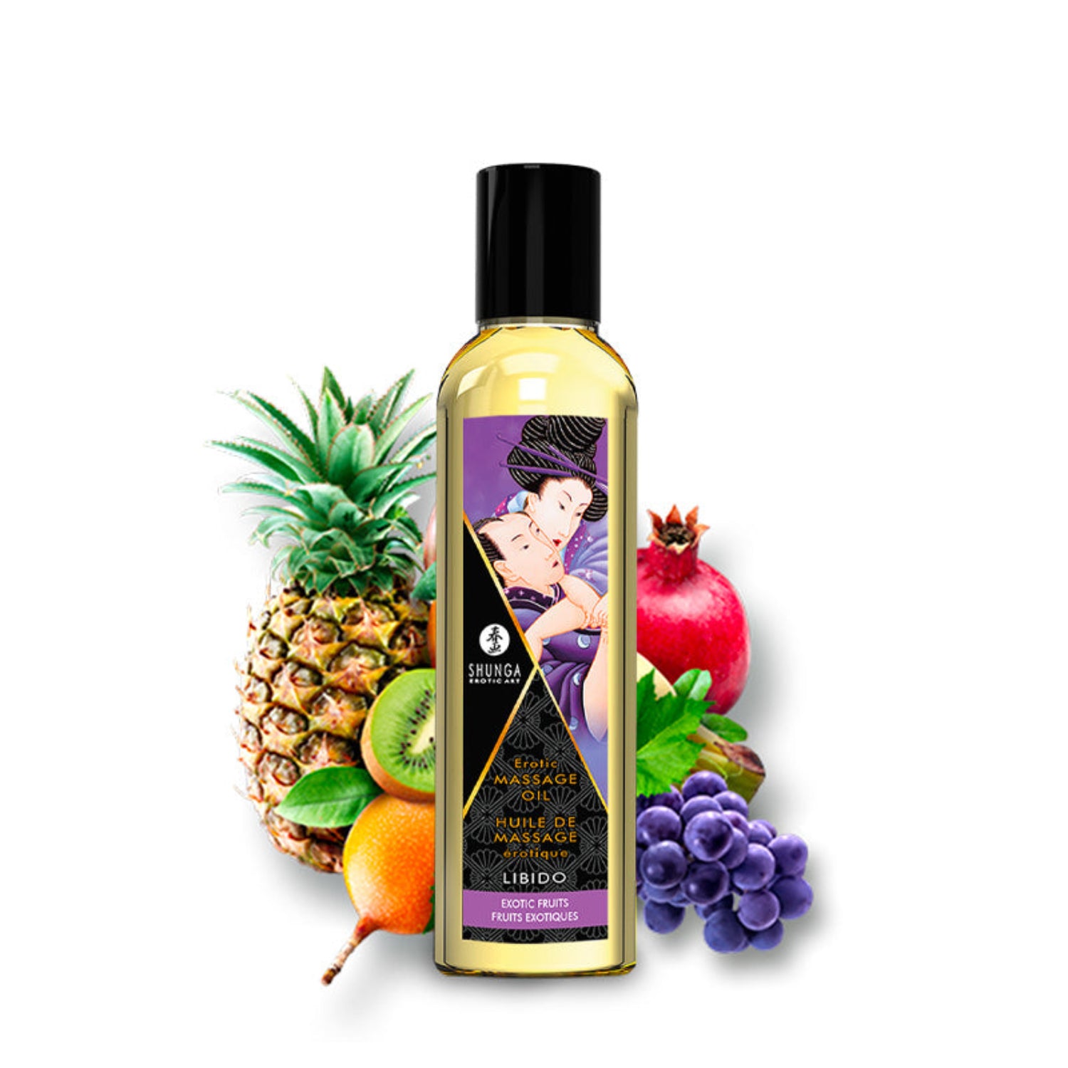 A bottle of SHUNGA Erotic Massage Oil Libido in Exotic Fruits flavour, surrounded by fresh pineapple, kiwi, pomegranate, and grapes on a white background.