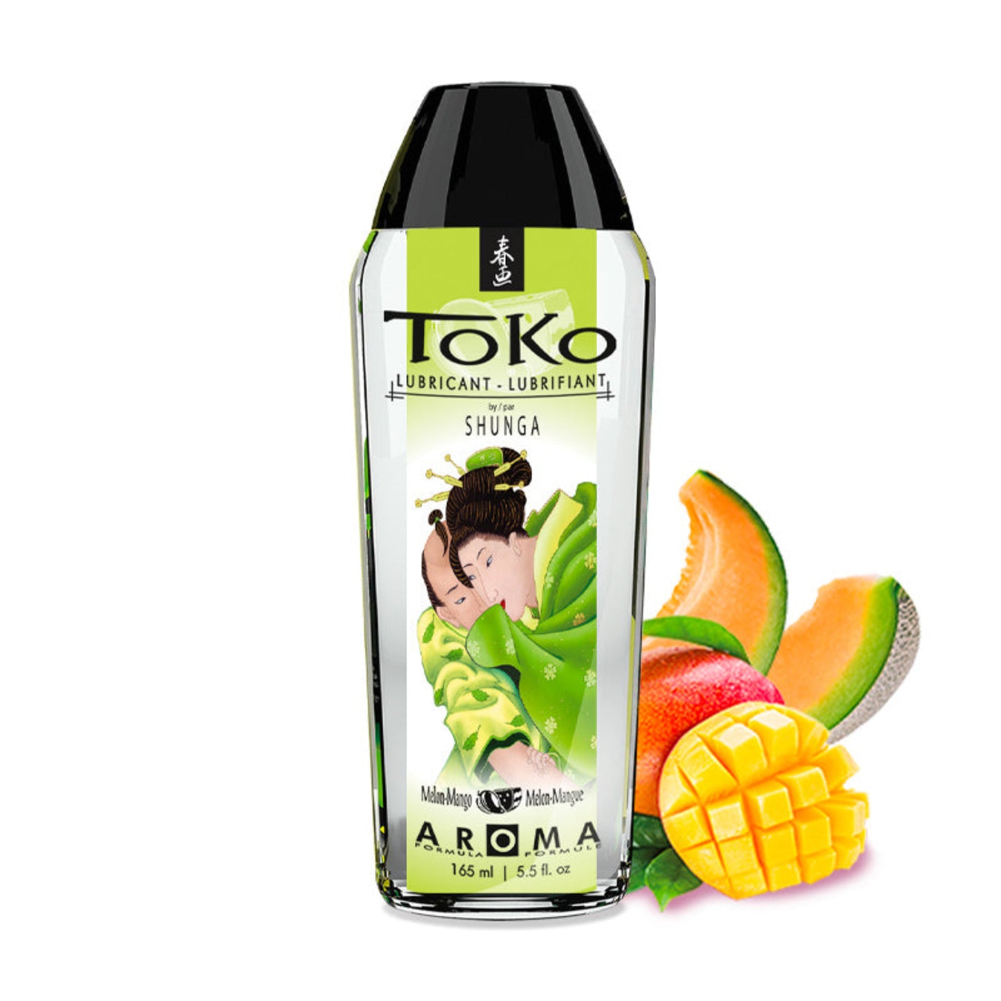 SHUNGA Toko Aroma water-based flavoured lubricant in Melon-Mango, shown with sliced cantaloupe and fresh mango.
