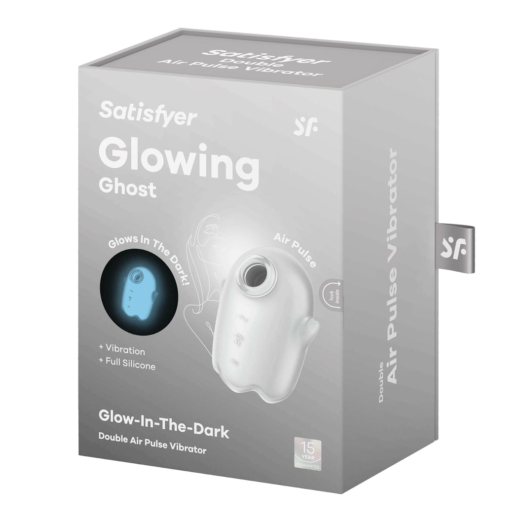On the front of the product packaging are the Satisfyer logos, product name: Glowing Ghost, 