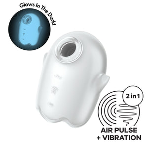 Image of the Satisfyer Glowing Ghost Glow-In-The-Dark Double Air Pulse Vibrator. On the top left is the Air Pulse Vibrator glowing in the dark in a circular image, and on the bottom right is a feature icon for 2 in 1 Air Pulse + Vibration.