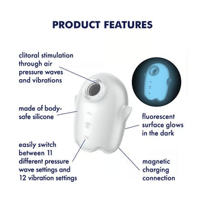 Satisfyer Glowing Ghost Glow-In-The-Dark Double Air Pulse Vibrator Features: fluorescent surface glows in the dark (pointing to general area of product with example image above); Magnetic charging connection (pointing to the back); easily switch between 11 different pressure wave settings and 12 vibration settings (Pointing to bottom button); Made of body-safe silicone (Pointing to material on front); clitoral stimulation through air pressure waves and vibrations (Pointing at air pulse stimulator).