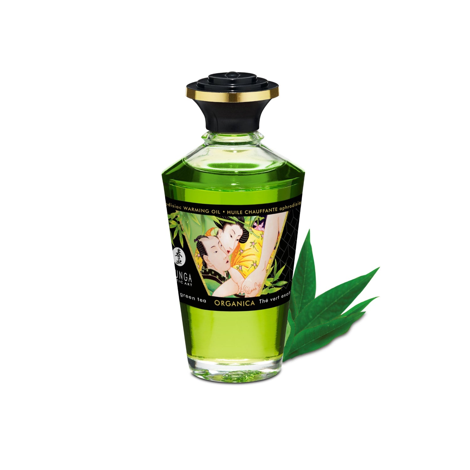 SHUNGA Organica Intimate Kisses Warming Oil in Green Tea, 100 ml / 3.3 oz glass bottle with Japanese Shunga erotic art.