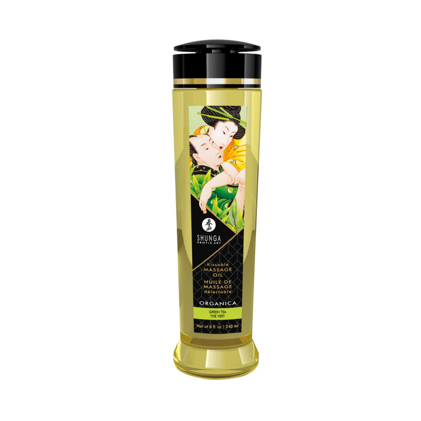 SHUNGA Organica Exotic Green Tea Massage Oil, 250 ml / 8 oz tall bottle featuring botanical ingredients and erotic illustration.