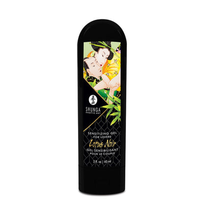 SHUNGA Lotus Noir Sensitizing Gel for couples, 60 ml / 2 oz sleek black bottle with gold accents.