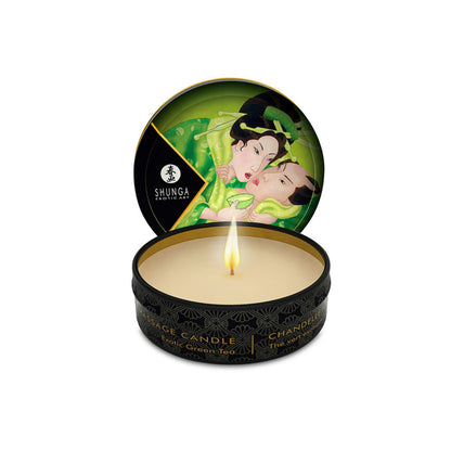 SHUNGA ZENITUDE Mini Massage Candle in decorative tin, lit with a warm flame, Green Tea scented.