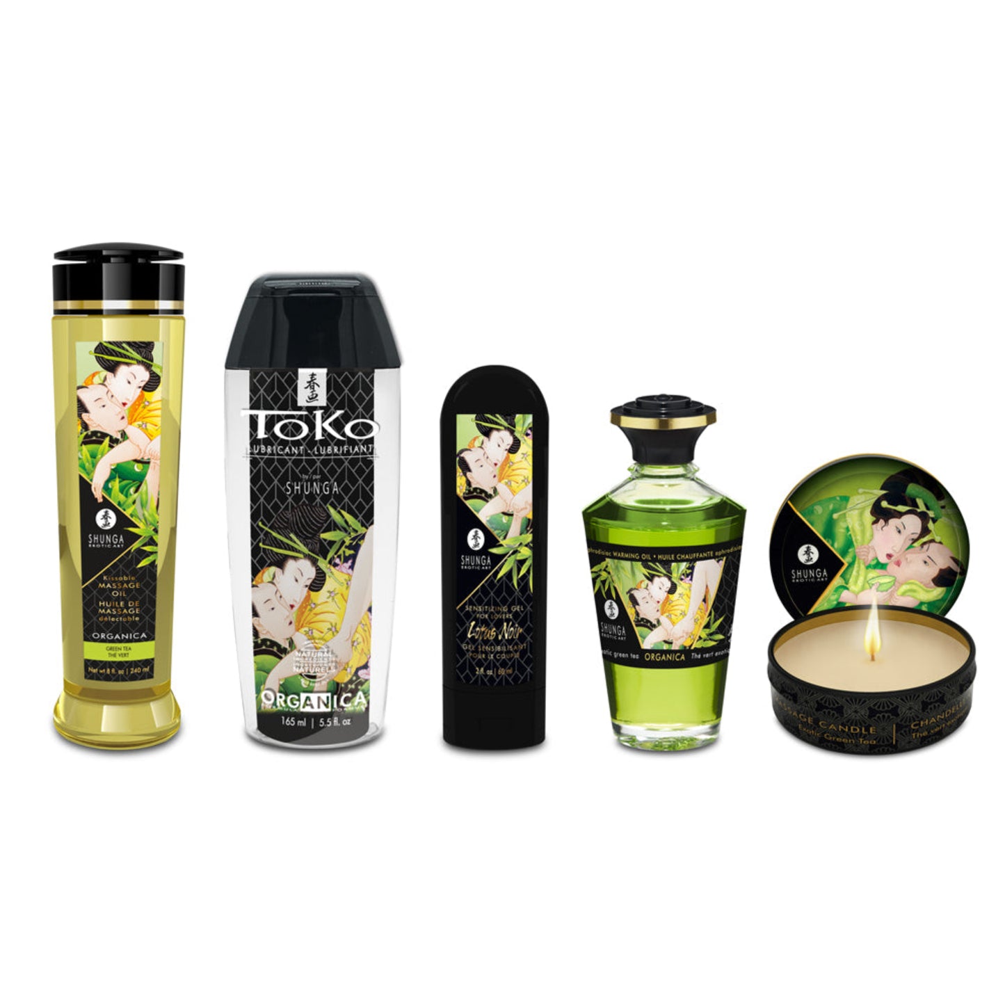 Full set of SHUNGA Garden of Edo products including massage oil, lubricant, warming oil, and sensitizing gel.