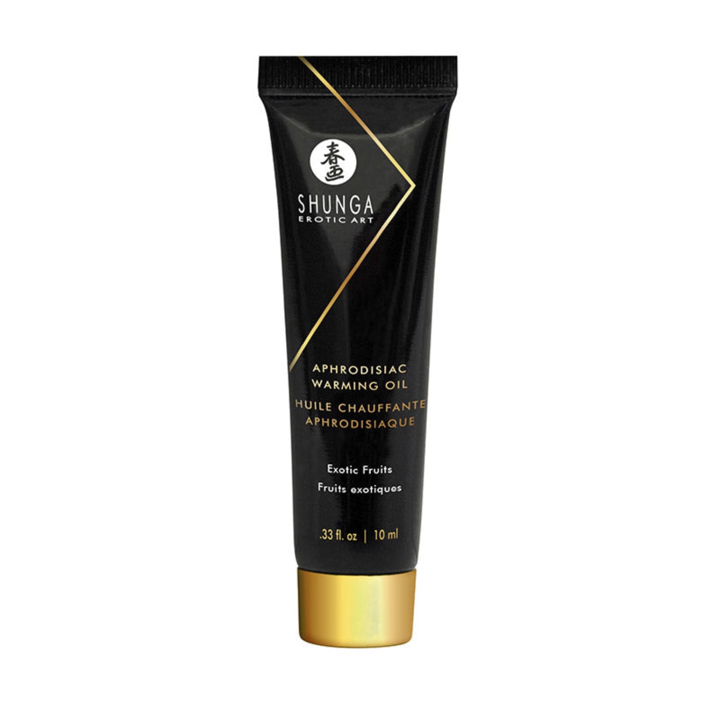 A 10 ml travel-sized tube of SHUNGA Aphrodisiac Warming Oil in Exotic Fruits flavour, featuring a sleek black design with gold accents and Japanese erotic art branding.