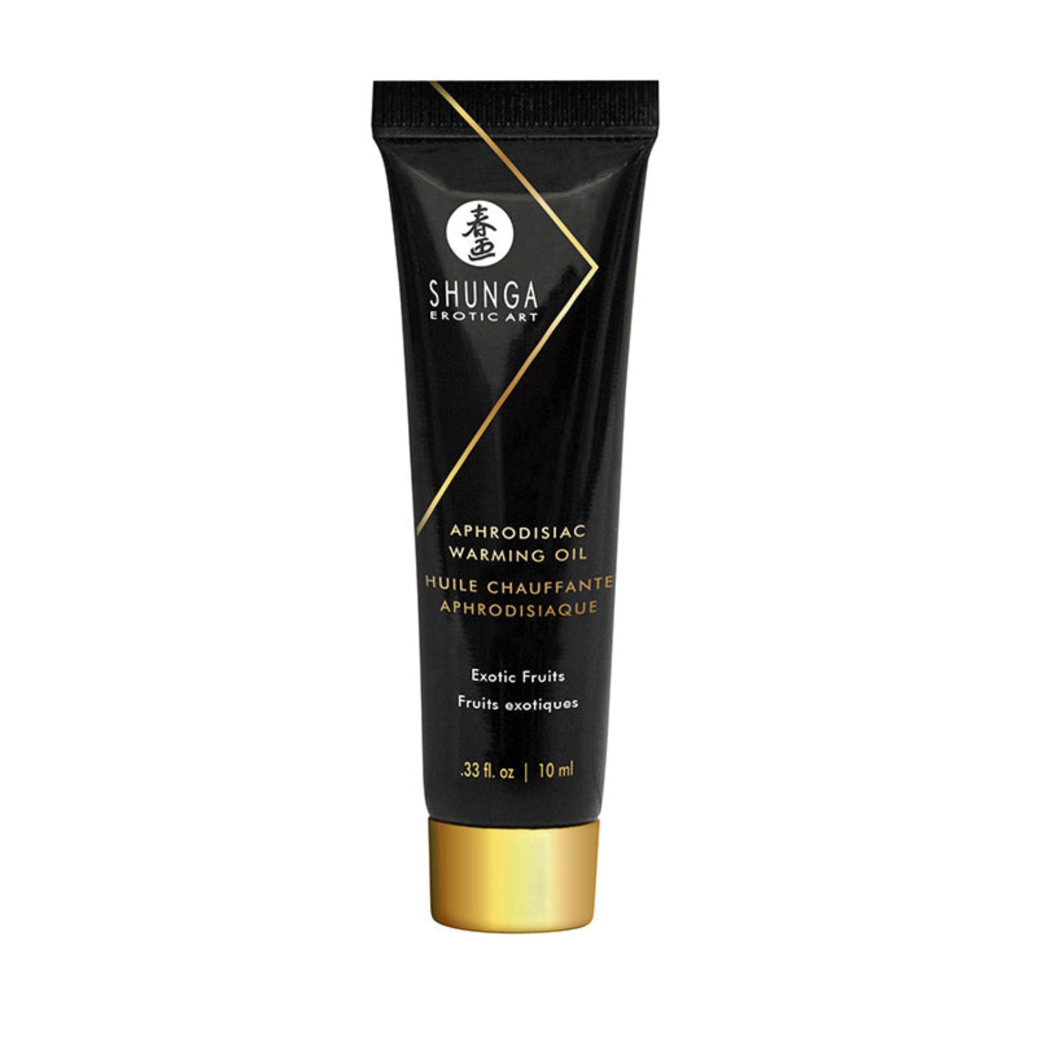 A 10 ml travel-sized tube of SHUNGA Aphrodisiac Warming Oil in Exotic Fruits flavour, featuring a sleek black design with gold accents and Japanese erotic art branding.